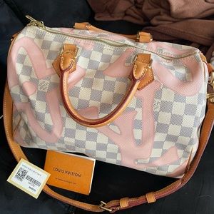 Auth. Louis Vuitton Damier Azur Tahitienne Speedy Bandouliere 30 Rose Ballerine